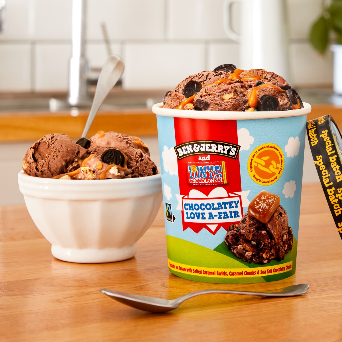 Open pint next to bowl of ice cream