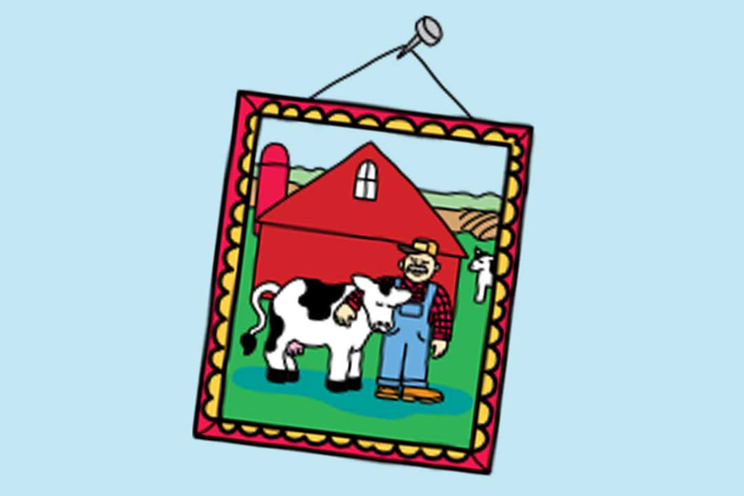 Ein Bild eines Bauern, der seine Kuh umarmt